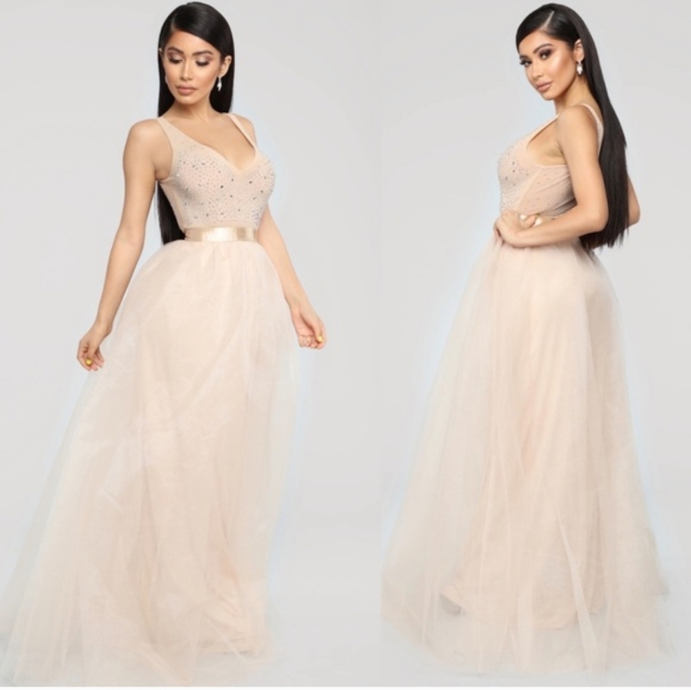 Sleeveless Beaded Tulle Maxi Dress in Blush